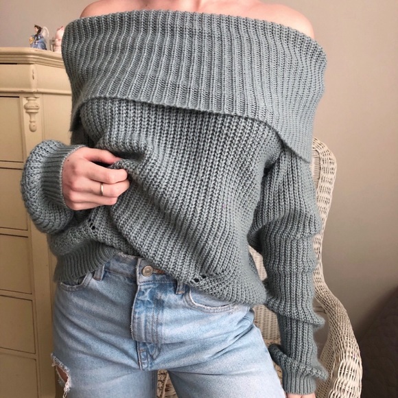 SHEIN Sweaters - Teal off the shoulder chunky sweater